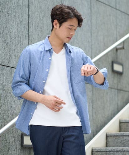 KHBGA30049 a.v.v MEN 【累計1.3万枚販売/接触冷感/イージーケア】リネン混7分袖シャツ【洗える/ストレッチ/速乾】