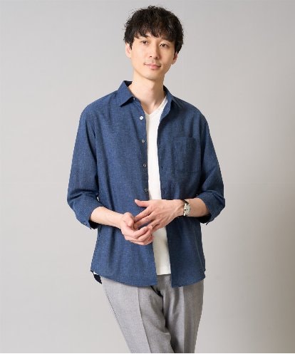 KHBGA30049 a.v.v MEN 【接触冷感/イージーケア】リネン混7分袖シャツ【洗える/ストレッチ/速乾】