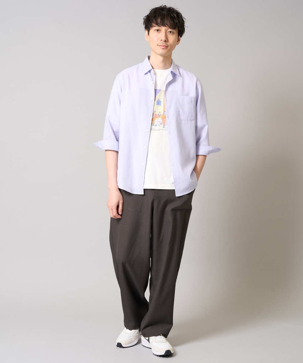 KHBGA30049 a.v.v MEN(アー・ヴェ・ヴェ) 【接触冷感/イージーケア】リネン混7分袖シャツ【洗える/ストレッチ/速乾】 ラベンダー