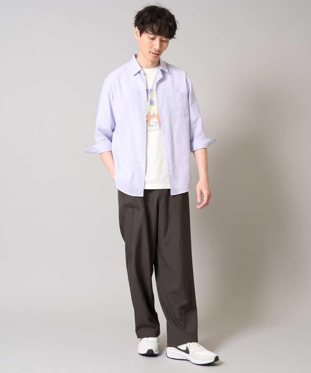 KHBGA30049 a.v.v MEN(アー・ヴェ・ヴェ) 【接触冷感/イージーケア】リネン混7分袖シャツ【洗える/ストレッチ/速乾】 ラベンダー