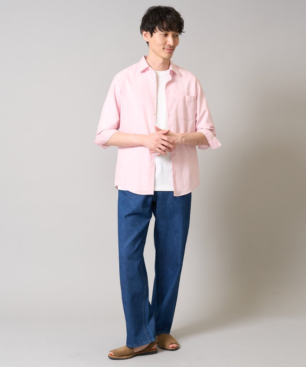 KHBGA30049 a.v.v MEN(アー・ヴェ・ヴェ) 【累計1.3万枚販売/接触冷感/イージーケア】リネン混7分袖シャツ【洗える/ストレッチ/速乾】 ラベンダー