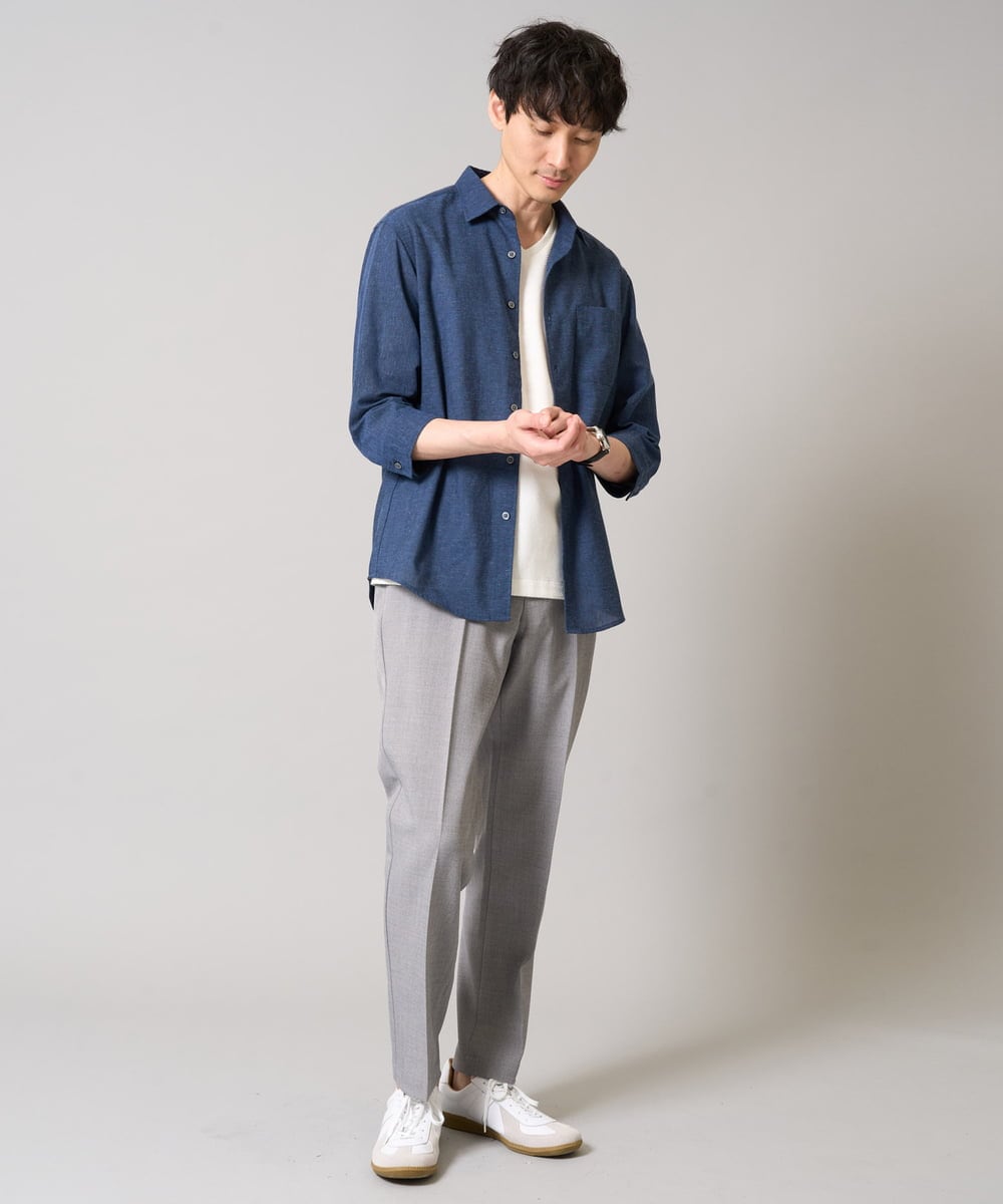 KHBGA30049 a.v.v MEN(アー・ヴェ・ヴェ) 【累計1.3万枚販売/接触冷感/イージーケア】リネン混7分袖シャツ【洗える/ストレッチ/速乾】 ラベンダー