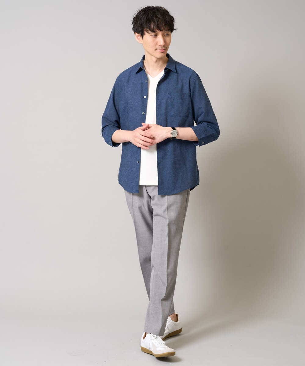 KHBGA30049 a.v.v MEN(アー・ヴェ・ヴェ) 【累計1.3万枚販売/接触冷感/イージーケア】リネン混7分袖シャツ【洗える/ストレッチ/速乾】 ラベンダー