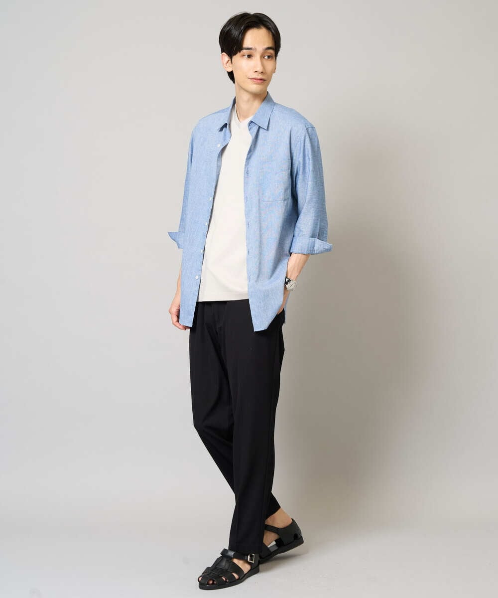 KHBGA30049 a.v.v MEN(アー・ヴェ・ヴェ) 【累計1.3万枚販売/接触冷感/イージーケア】リネン混7分袖シャツ【洗える/ストレッチ/速乾】 ラベンダー