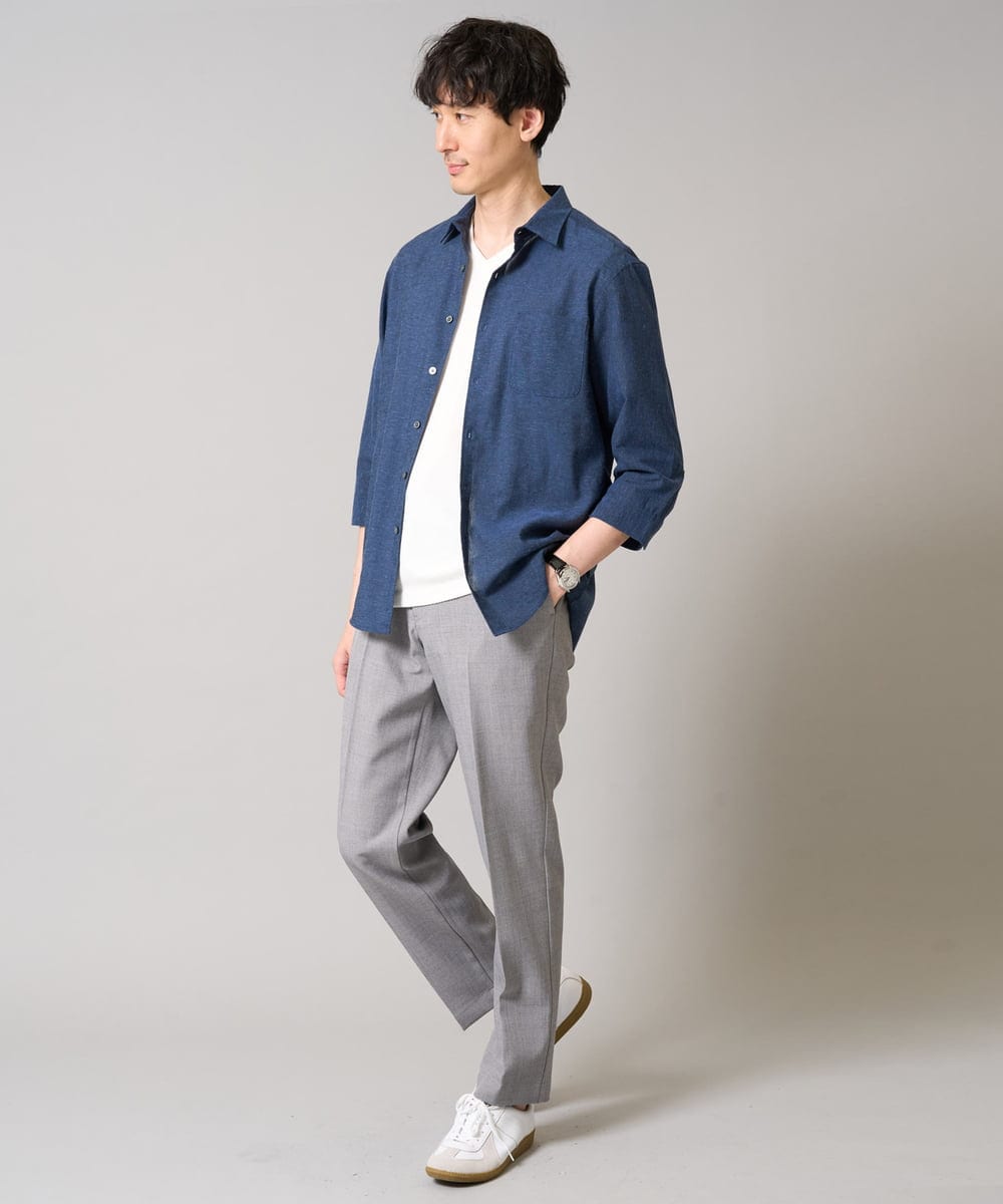 KHBGA30049 a.v.v MEN(アー・ヴェ・ヴェ) 【累計1.3万枚販売/接触冷感/イージーケア】リネン混7分袖シャツ【洗える/ストレッチ/速乾】 ラベンダー