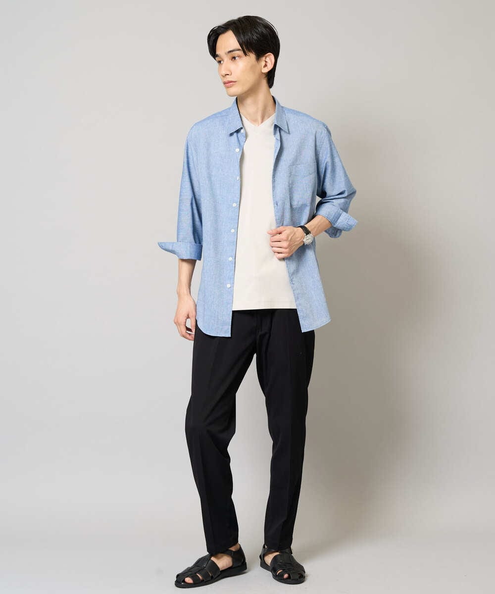 KHBGA30049 a.v.v MEN(アー・ヴェ・ヴェ) 【累計1.3万枚販売/接触冷感/イージーケア】リネン混7分袖シャツ【洗える/ストレッチ/速乾】 ラベンダー