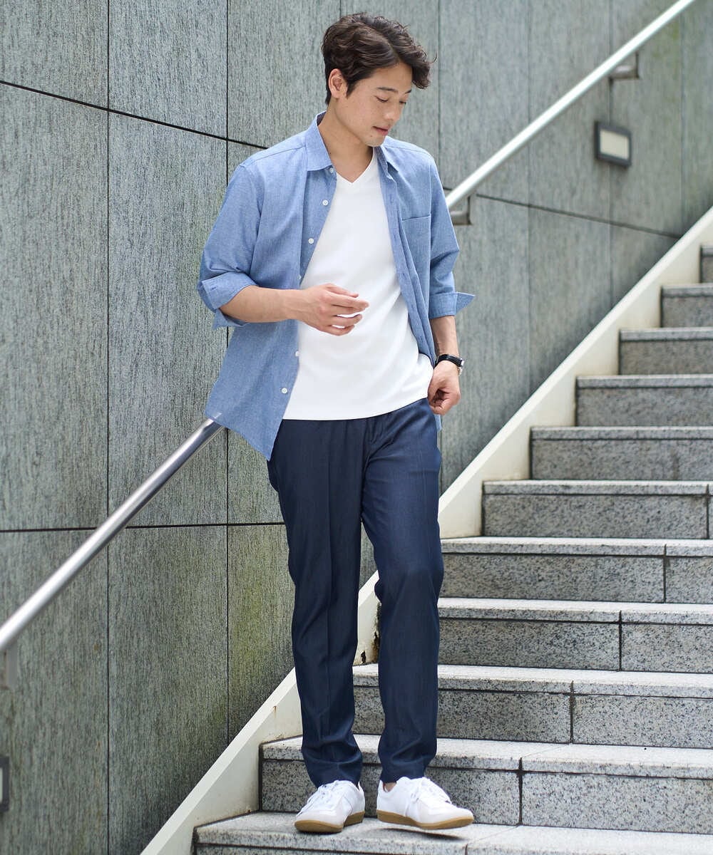 KHBGA30049 a.v.v MEN(アー・ヴェ・ヴェ) 【累計1.3万枚販売/接触冷感/イージーケア】リネン混7分袖シャツ【洗える/ストレッチ/速乾】 ラベンダー