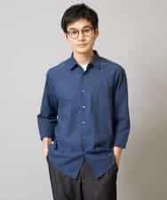 KHBGA30049 a.v.v MEN(アー・ヴェ・ヴェ) 【接触冷感/イージーケア】リネン混7分袖シャツ【洗える/ストレッチ/速乾】 ネイビー