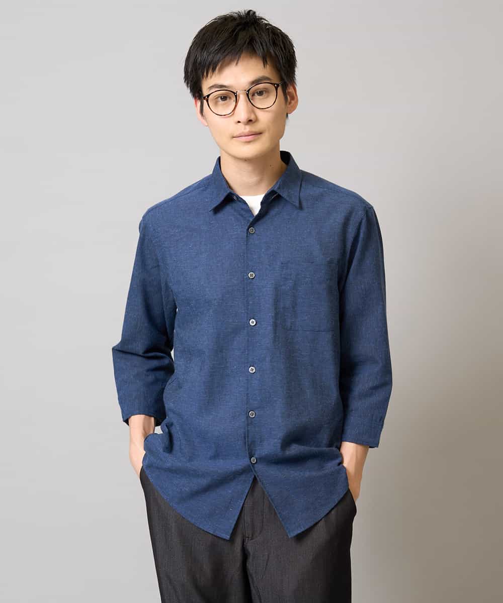 KHBGA30049 a.v.v MEN 【接触冷感/イージーケア】リネン混7分袖シャツ【洗える/ストレッチ/速乾】