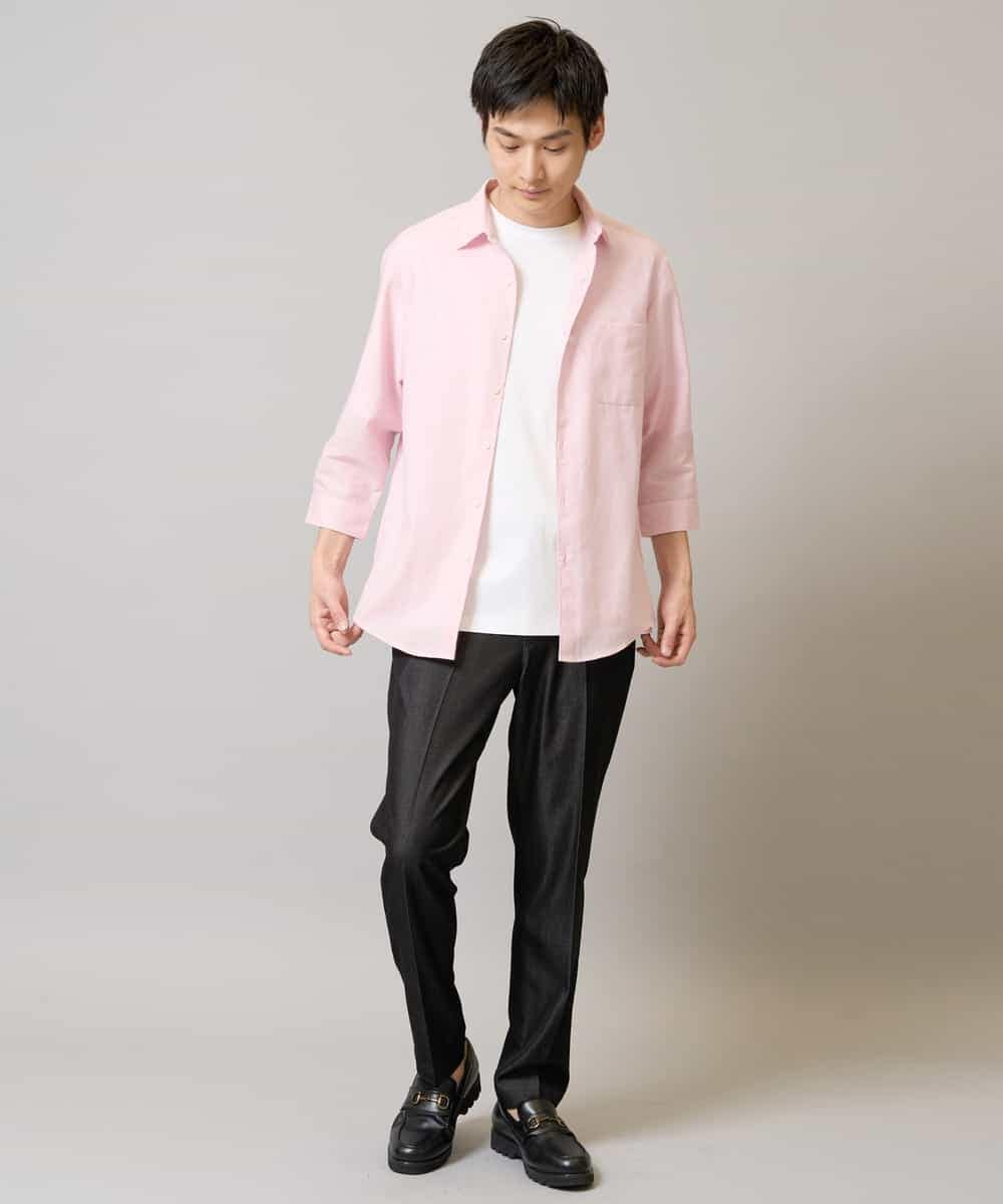 KHBGA30049 a.v.v MEN(アー・ヴェ・ヴェ) 【接触冷感/イージーケア】リネン混7分袖シャツ【洗える/ストレッチ/速乾】 ラベンダー