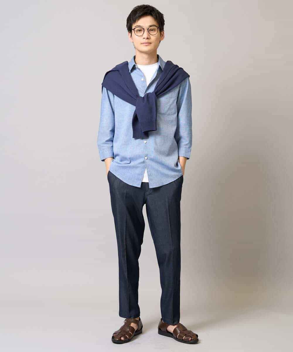 KHBGA30049 a.v.v MEN(アー・ヴェ・ヴェ) 【接触冷感/イージーケア】リネン混7分袖シャツ【洗える/ストレッチ/速乾】 ラベンダー