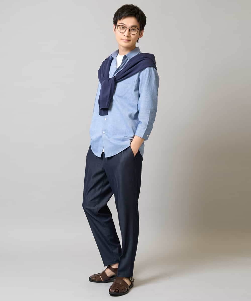 KHBGA30049 a.v.v MEN(アー・ヴェ・ヴェ) 【接触冷感/イージーケア】リネン混7分袖シャツ【洗える/ストレッチ/速乾】 ラベンダー