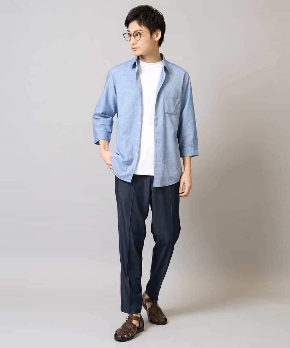 KHBGA30049 a.v.v MEN(アー・ヴェ・ヴェ) 【接触冷感/イージーケア】リネン混7分袖シャツ【洗える/ストレッチ/速乾】 ラベンダー