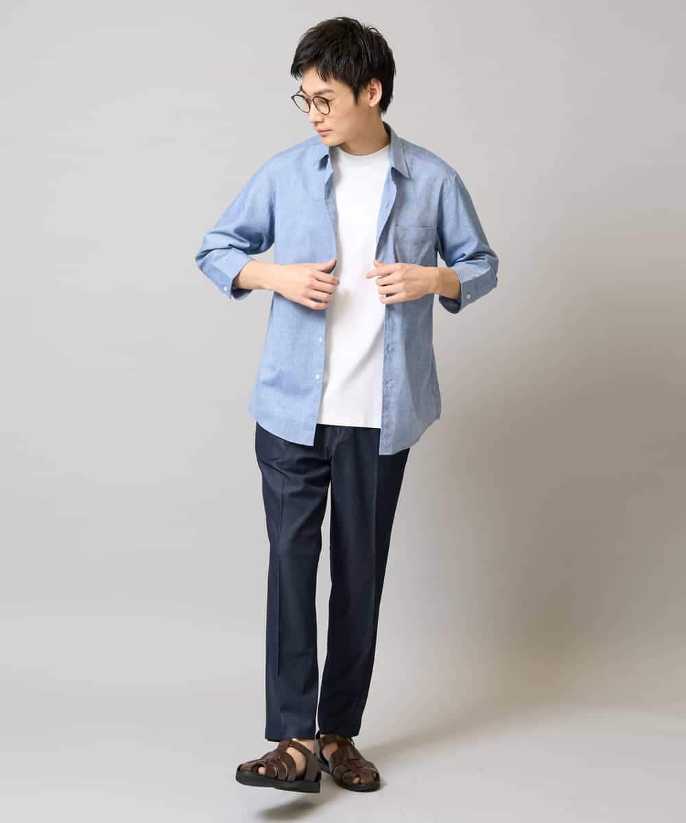 KHBGA30049 a.v.v MEN(アー・ヴェ・ヴェ) 【接触冷感/イージーケア】リネン混7分袖シャツ【洗える/ストレッチ/速乾】 ラベンダー