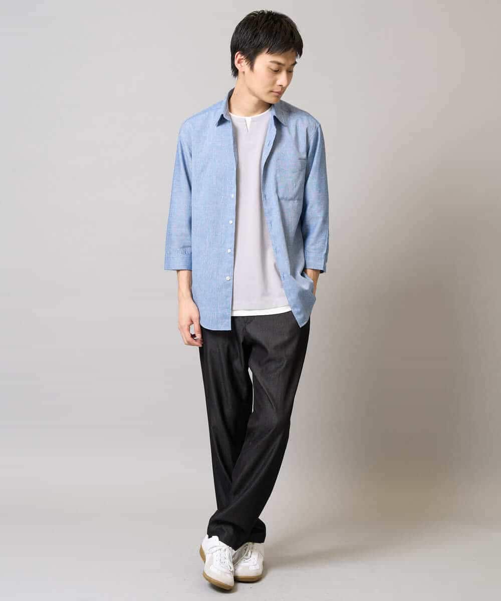 KHBGA30049 a.v.v MEN(アー・ヴェ・ヴェ) 【接触冷感/イージーケア】リネン混7分袖シャツ【洗える/ストレッチ/速乾】 ラベンダー