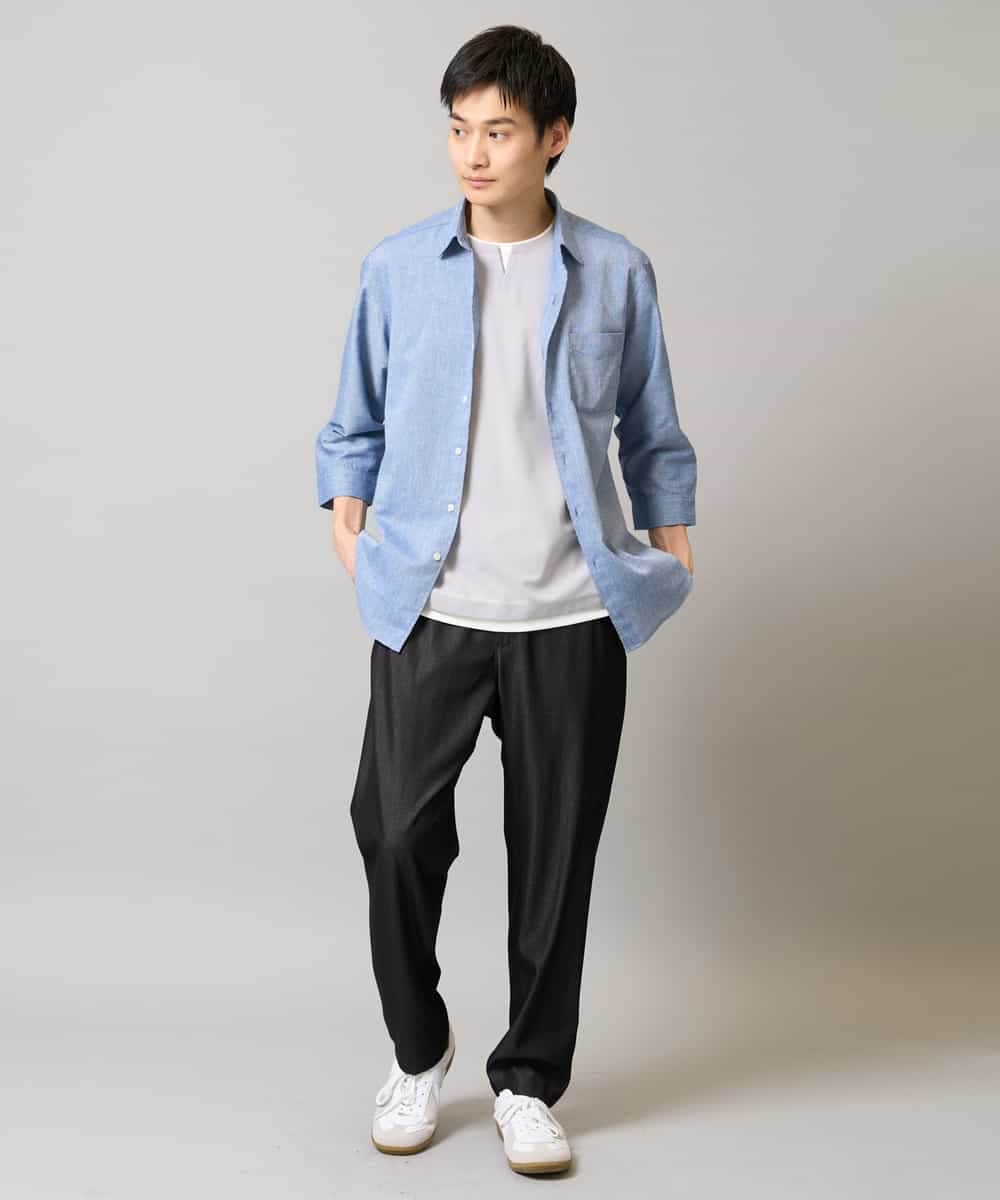 KHBGA30049 a.v.v MEN(アー・ヴェ・ヴェ) 【接触冷感/イージーケア】リネン混7分袖シャツ【洗える/ストレッチ/速乾】 ラベンダー