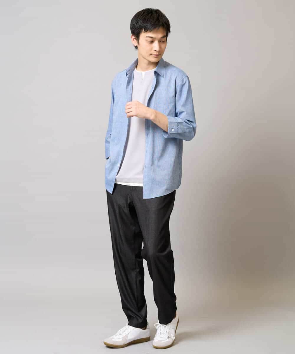 KHBGA30049 a.v.v MEN(アー・ヴェ・ヴェ) 【接触冷感/イージーケア】リネン混7分袖シャツ【洗える/ストレッチ/速乾】 ラベンダー