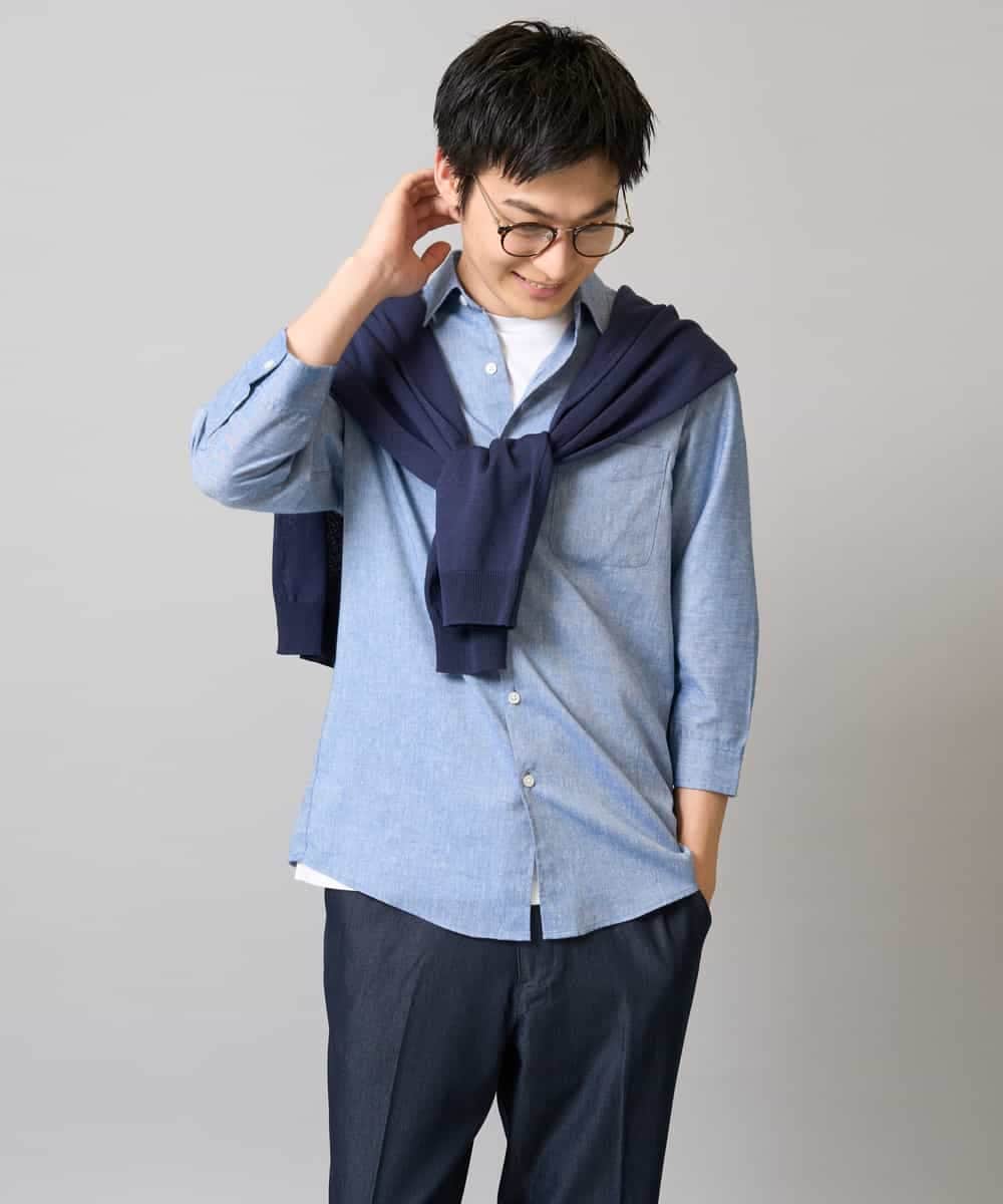 KHBGA30049 a.v.v MEN(アー・ヴェ・ヴェ) 【接触冷感/イージーケア】リネン混7分袖シャツ【洗える/ストレッチ/速乾】 ラベンダー