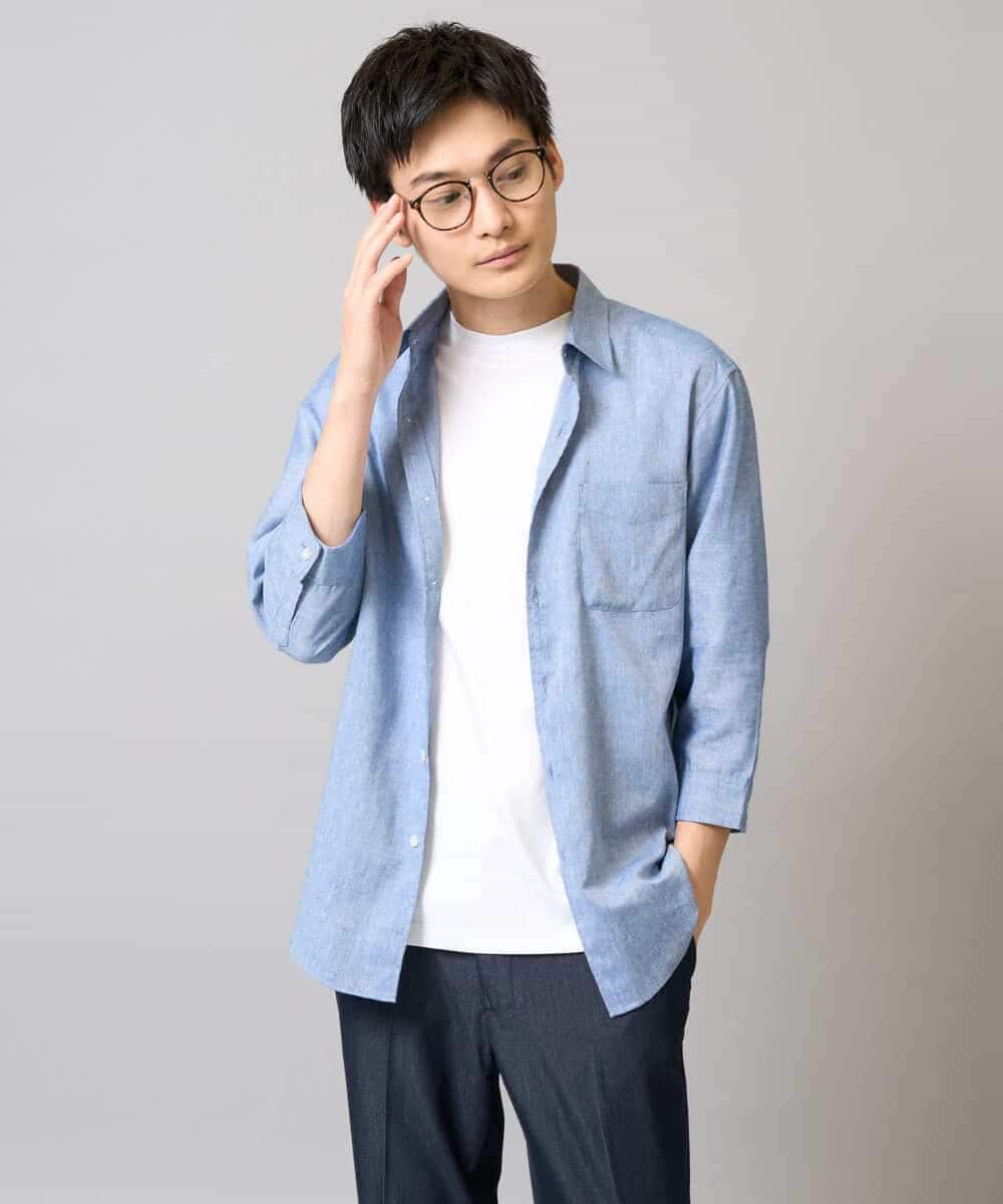 KHBGA30049 a.v.v MEN(アー・ヴェ・ヴェ) 【接触冷感/イージーケア】リネン混7分袖シャツ【洗える/ストレッチ/速乾】 ラベンダー