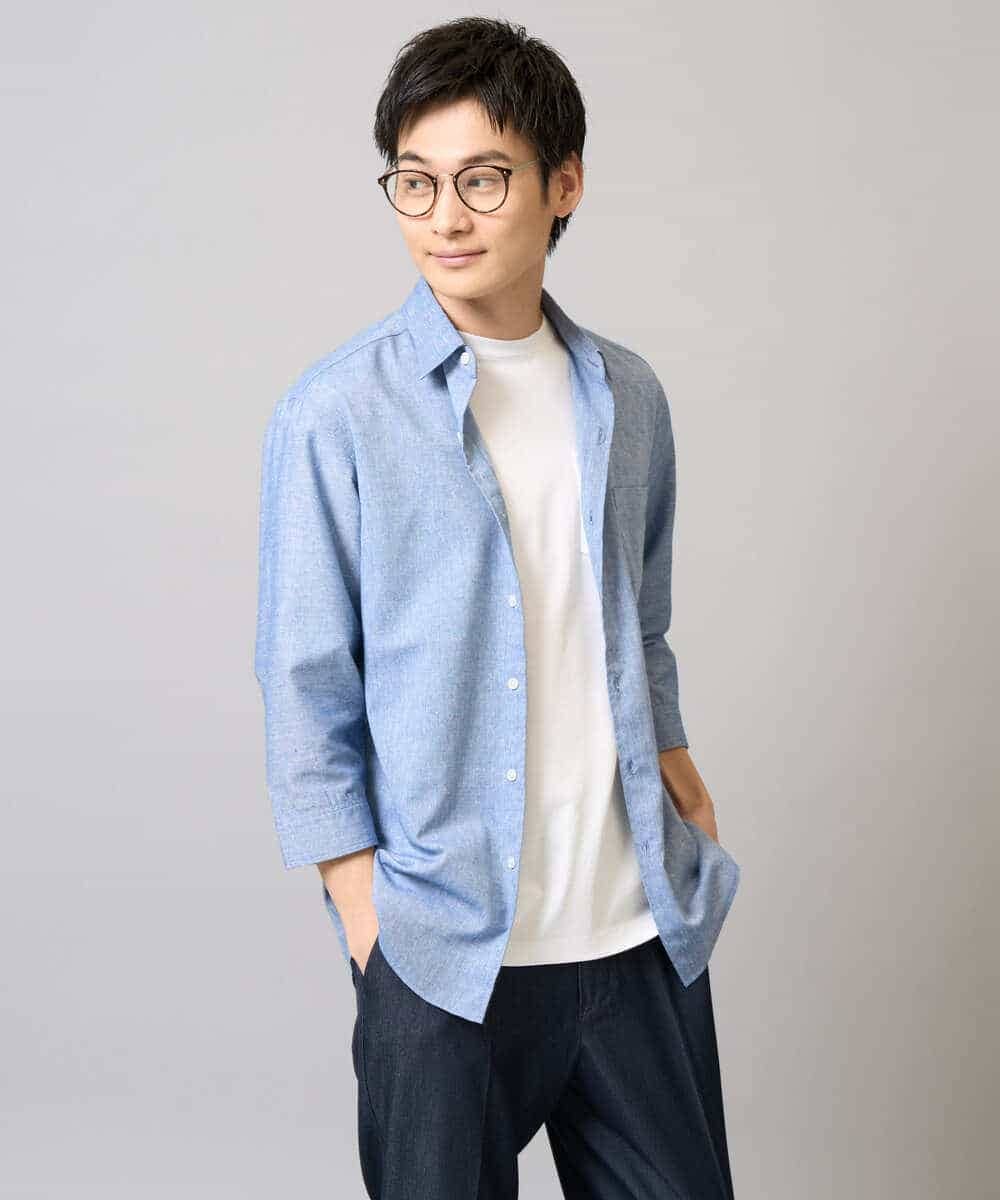 KHBGA30049 a.v.v MEN(アー・ヴェ・ヴェ) 【接触冷感/イージーケア】リネン混7分袖シャツ【洗える/ストレッチ/速乾】 ラベンダー