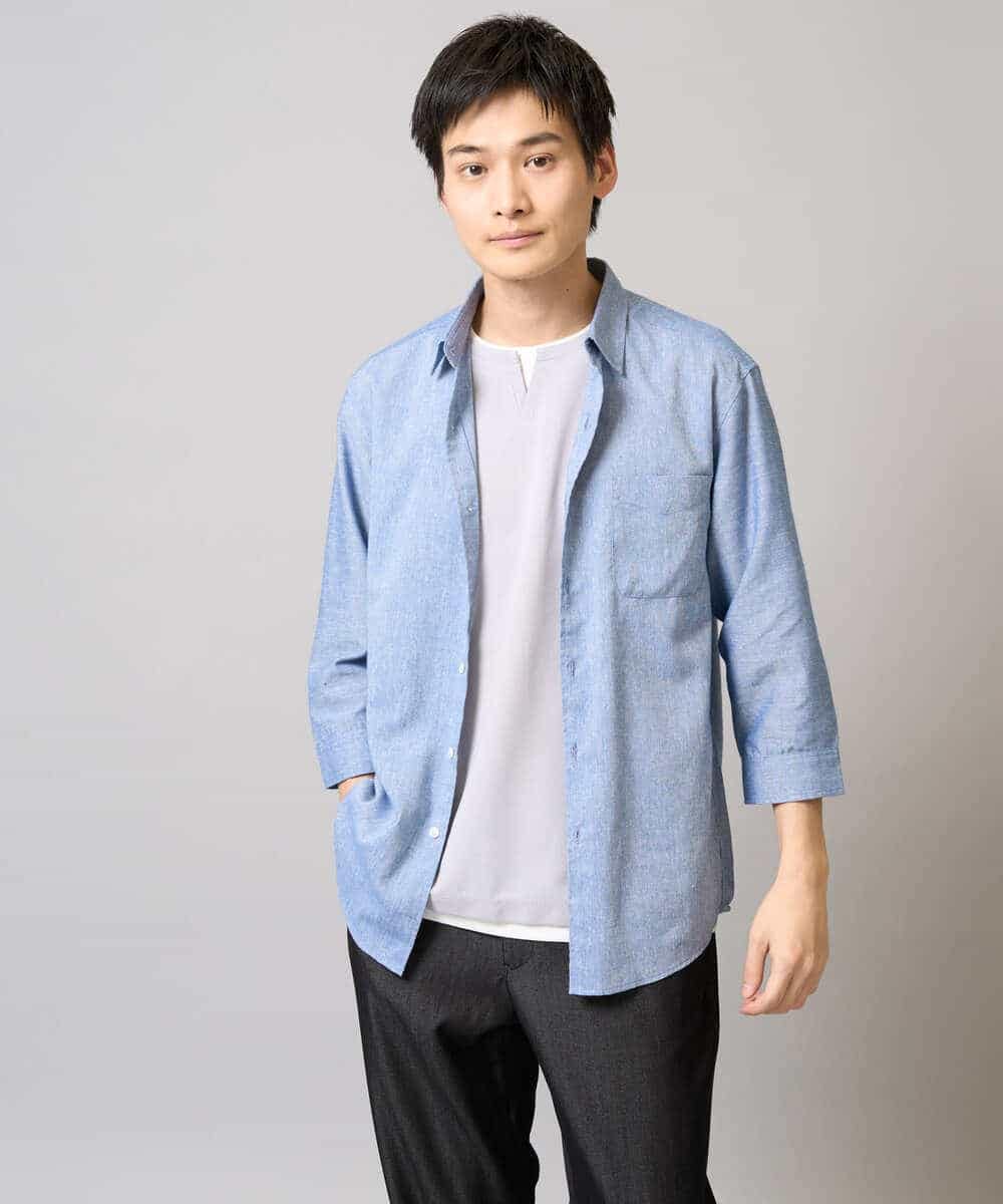 KHBGA30049 a.v.v MEN(アー・ヴェ・ヴェ) 【接触冷感/イージーケア】リネン混7分袖シャツ【洗える/ストレッチ/速乾】 ラベンダー