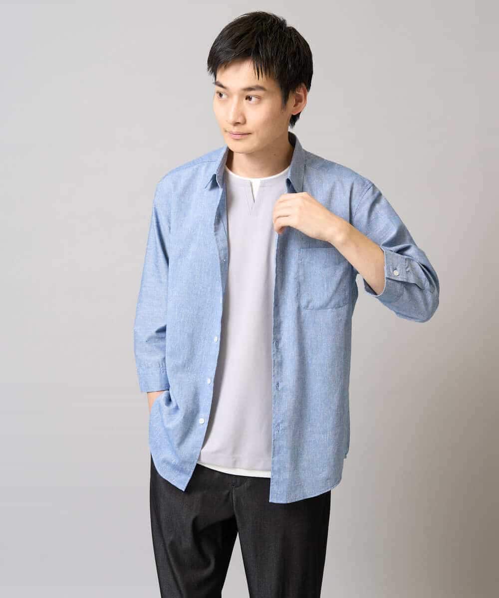 KHBGA30049 a.v.v MEN(アー・ヴェ・ヴェ) 【接触冷感/イージーケア】リネン混7分袖シャツ【洗える/ストレッチ/速乾】 ラベンダー
