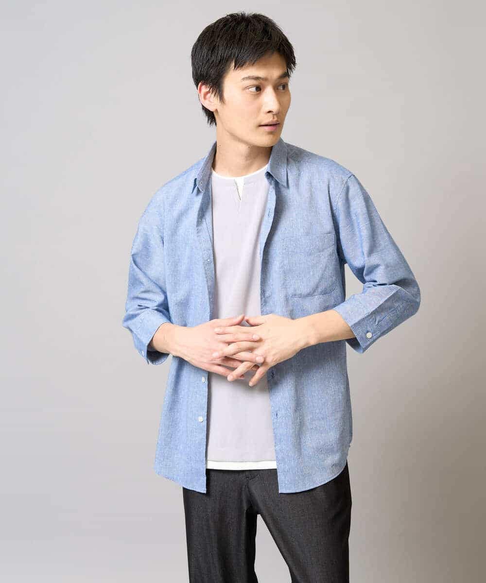KHBGA30049 a.v.v MEN(アー・ヴェ・ヴェ) 【接触冷感/イージーケア】リネン混7分袖シャツ【洗える/ストレッチ/速乾】 ラベンダー