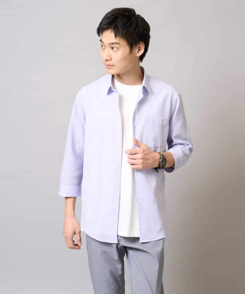 KHBGA30049 a.v.v MEN(アー・ヴェ・ヴェ) 【接触冷感/イージーケア】リネン混7分袖シャツ【洗える/ストレッチ/速乾】 ラベンダー