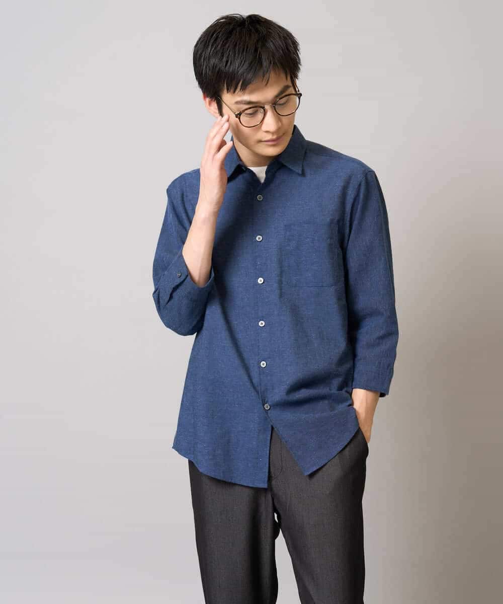 KHBGA30049 a.v.v MEN(アー・ヴェ・ヴェ) 【接触冷感/イージーケア】リネン混7分袖シャツ【洗える/ストレッチ/速乾】 ラベンダー