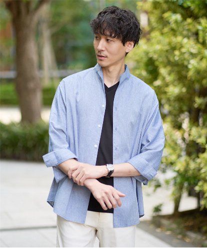 KHBGA33059 a.v.v MEN 【接触冷感/イージーケア】リネン混8分袖スタンドカラーシャツ【洗える/ストレッチ/速乾】