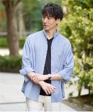 KHBGA33059 a.v.v MEN(アー・ヴェ・ヴェ) 【接触冷感/イージーケア】リネン混8分袖スタンドカラーシャツ【洗える/ストレッチ/速乾】 ブルー