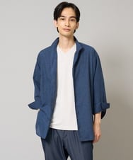 KHBGA33059 a.v.v MEN(アー・ヴェ・ヴェ) 【接触冷感/イージーケア】リネン混8分袖スタンドカラーシャツ【洗える/ストレッチ/速乾】 ネイビー