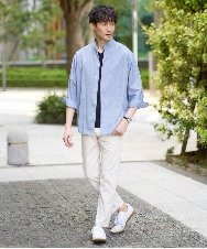 KHBGA33059 a.v.v MEN(アー・ヴェ・ヴェ) 【接触冷感/イージーケア】リネン混8分袖スタンドカラーシャツ【洗える/ストレッチ/速乾】 ネイビー