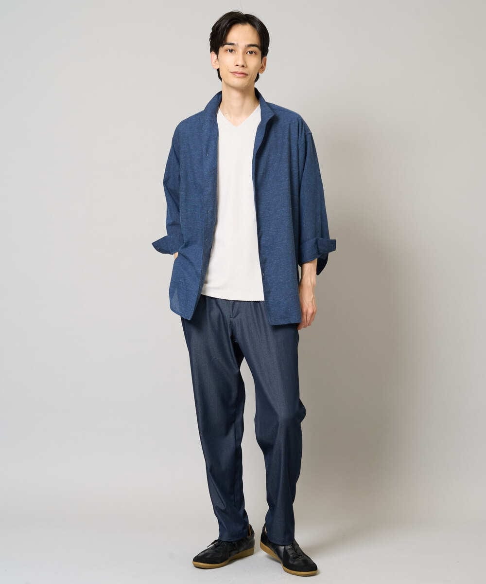 KHBGA33059 a.v.v MEN(アー・ヴェ・ヴェ) 【接触冷感/イージーケア】リネン混8分袖スタンドカラーシャツ【洗える/ストレッチ/速乾】 ネイビー
