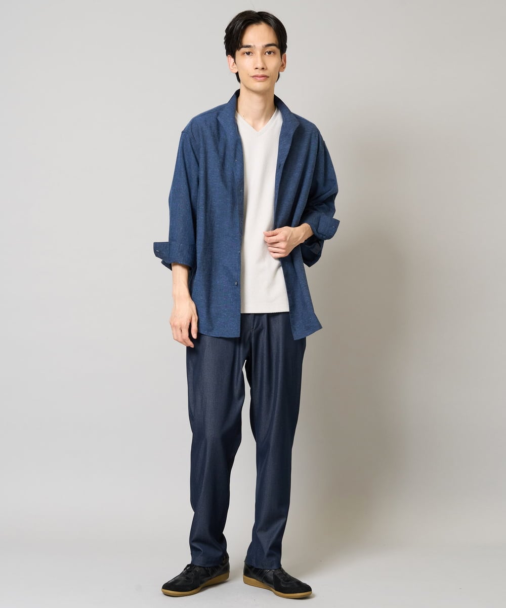 KHBGA33059 a.v.v MEN(アー・ヴェ・ヴェ) 【接触冷感/イージーケア】リネン混8分袖スタンドカラーシャツ【洗える/ストレッチ/速乾】 ネイビー