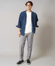 KHBGA33059 a.v.v MEN(アー・ヴェ・ヴェ) 【接触冷感/イージーケア】リネン混8分袖スタンドカラーシャツ【洗える/ストレッチ/速乾】 ネイビー