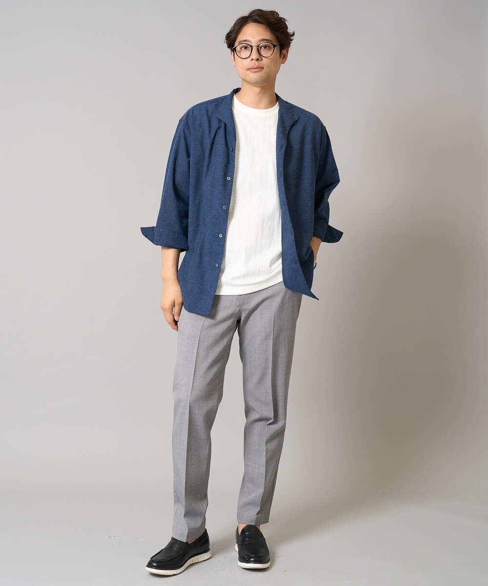 KHBGA33059 a.v.v MEN(アー・ヴェ・ヴェ) 【接触冷感/イージーケア】リネン混8分袖スタンドカラーシャツ【洗える/ストレッチ/速乾】 ネイビー