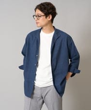 KHBGA33059 a.v.v MEN(アー・ヴェ・ヴェ) 【接触冷感/イージーケア】リネン混8分袖スタンドカラーシャツ【洗える/ストレッチ/速乾】 ネイビー