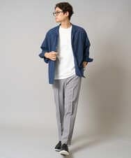 KHBGA33059 a.v.v MEN(アー・ヴェ・ヴェ) 【接触冷感/イージーケア】リネン混8分袖スタンドカラーシャツ【洗える/ストレッチ/速乾】 ネイビー