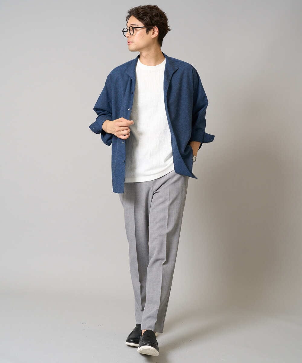 KHBGA33059 a.v.v MEN(アー・ヴェ・ヴェ) 【接触冷感/イージーケア】リネン混8分袖スタンドカラーシャツ【洗える/ストレッチ/速乾】 ネイビー