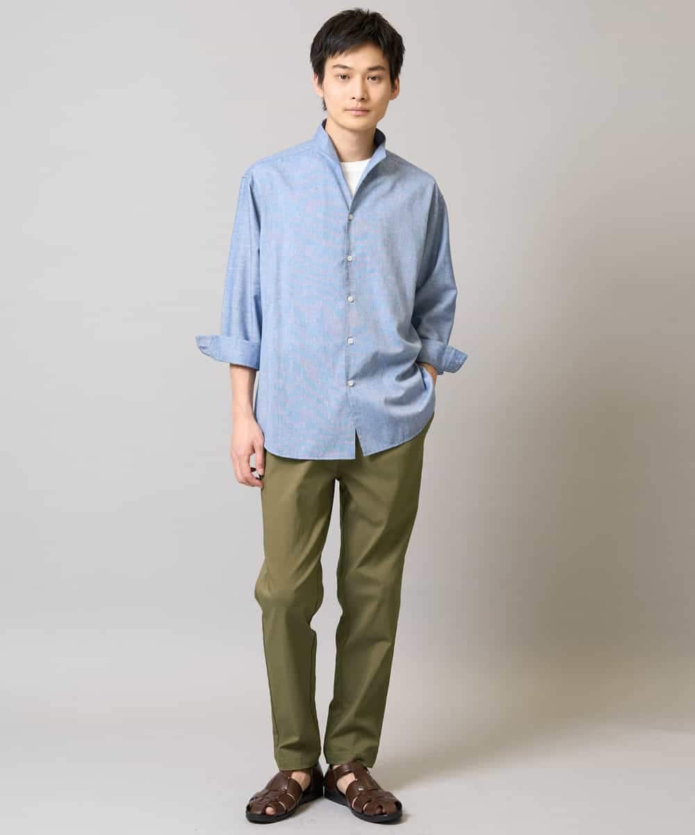 KHBGA33059 a.v.v MEN(アー・ヴェ・ヴェ) 【接触冷感/イージーケア】リネン混8分袖スタンドカラーシャツ【洗える/ストレッチ/速乾】 ネイビー