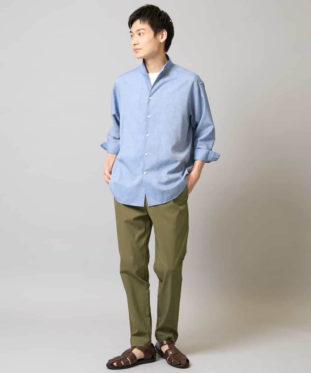 KHBGA33059 a.v.v MEN(アー・ヴェ・ヴェ) 【接触冷感/イージーケア】リネン混8分袖スタンドカラーシャツ【洗える/ストレッチ/速乾】 ネイビー