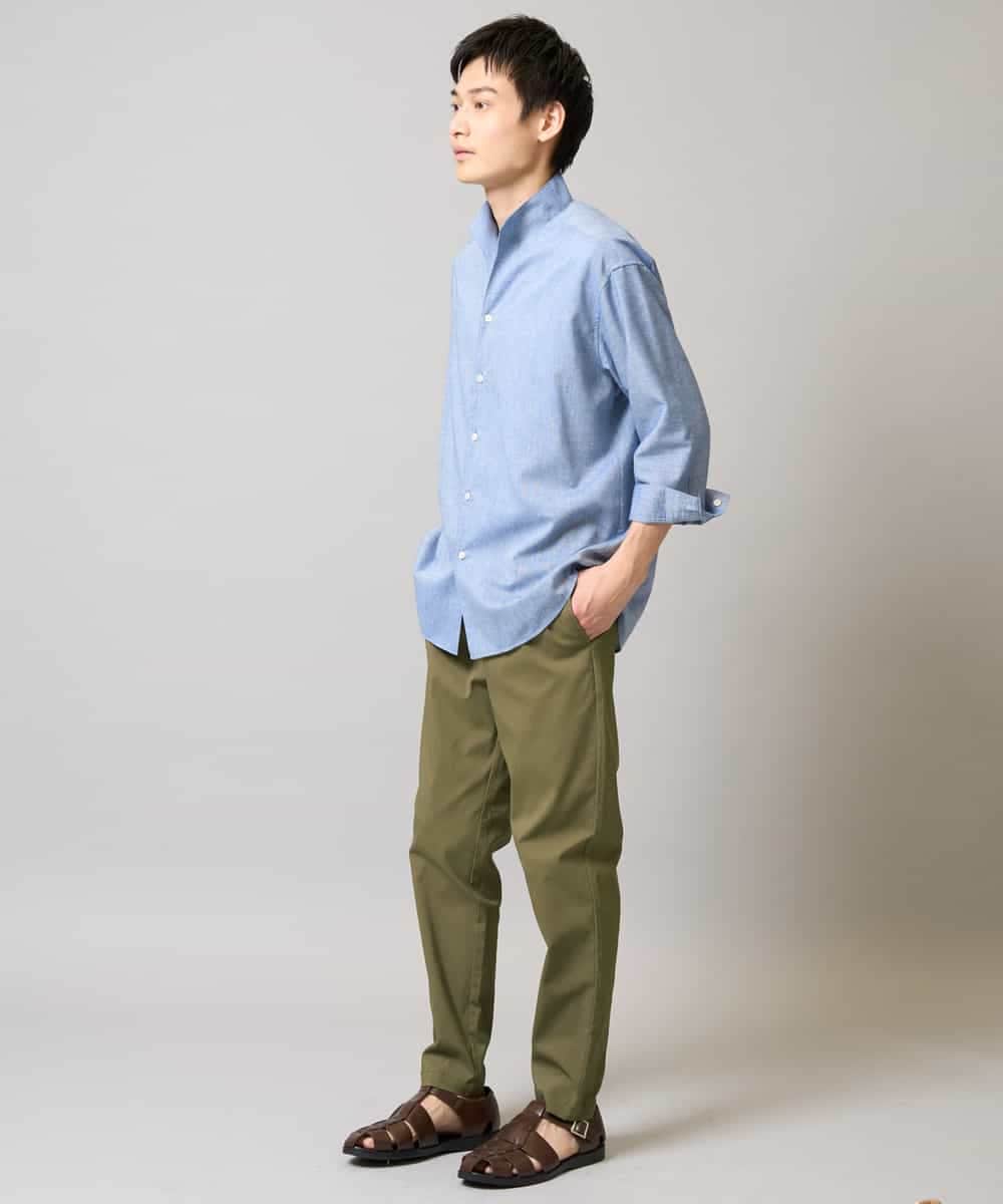 KHBGA33059 a.v.v MEN(アー・ヴェ・ヴェ) 【接触冷感/イージーケア】リネン混8分袖スタンドカラーシャツ【洗える/ストレッチ/速乾】 ネイビー