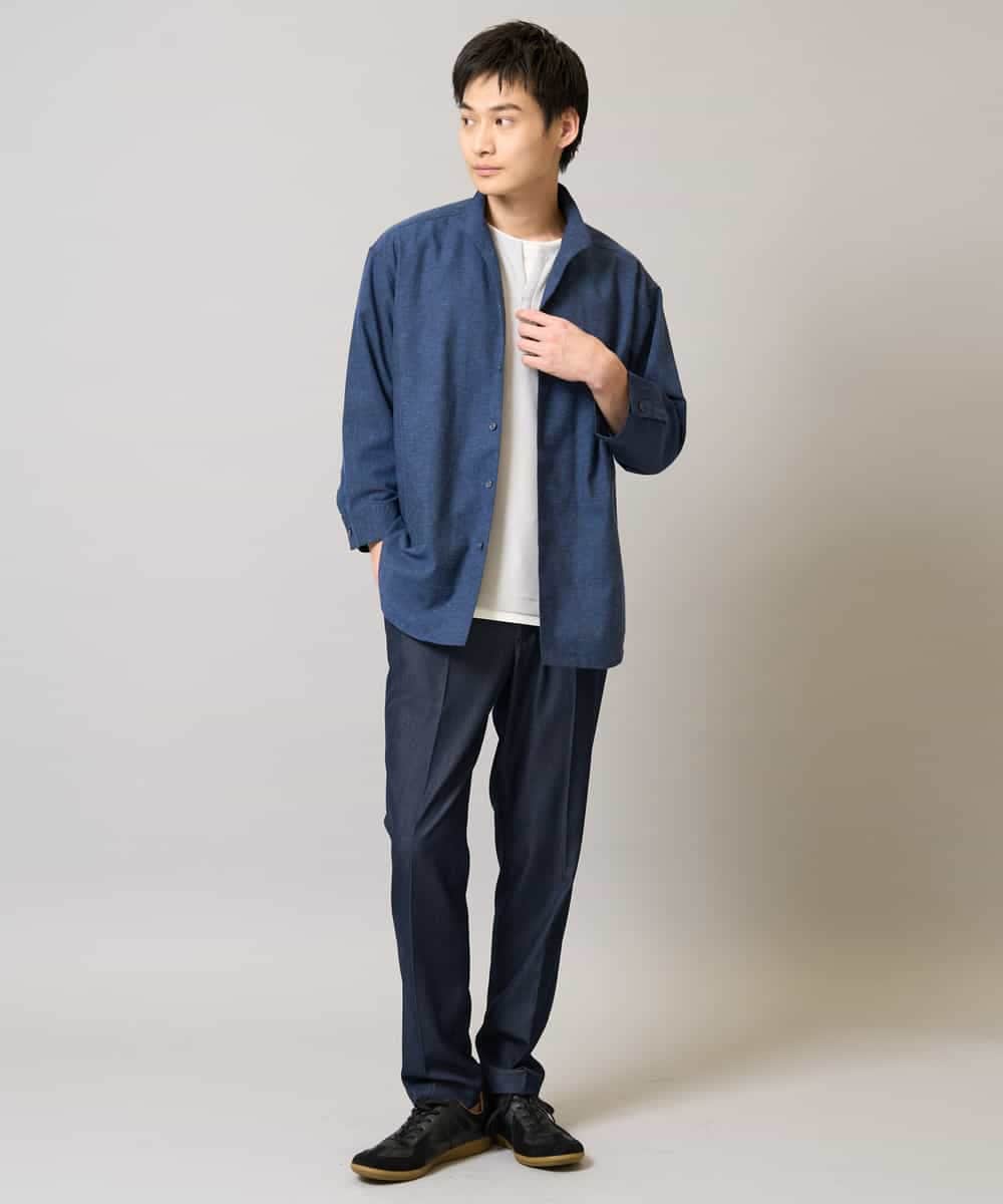 KHBGA33059 a.v.v MEN(アー・ヴェ・ヴェ) 【接触冷感/イージーケア】リネン混8分袖スタンドカラーシャツ【洗える/ストレッチ/速乾】 ネイビー
