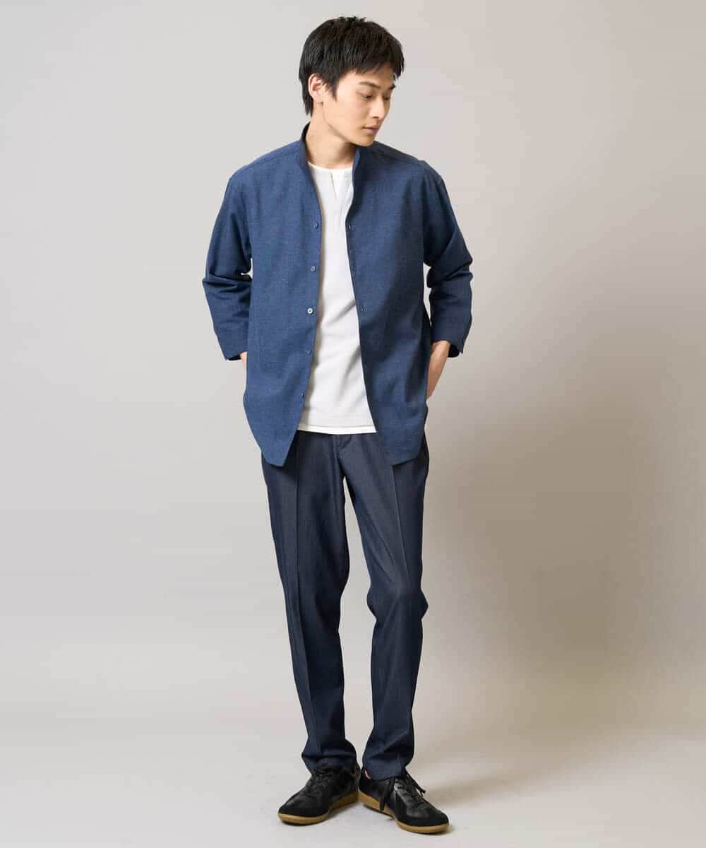 KHBGA33059 a.v.v MEN(アー・ヴェ・ヴェ) 【接触冷感/イージーケア】リネン混8分袖スタンドカラーシャツ【洗える/ストレッチ/速乾】 ネイビー