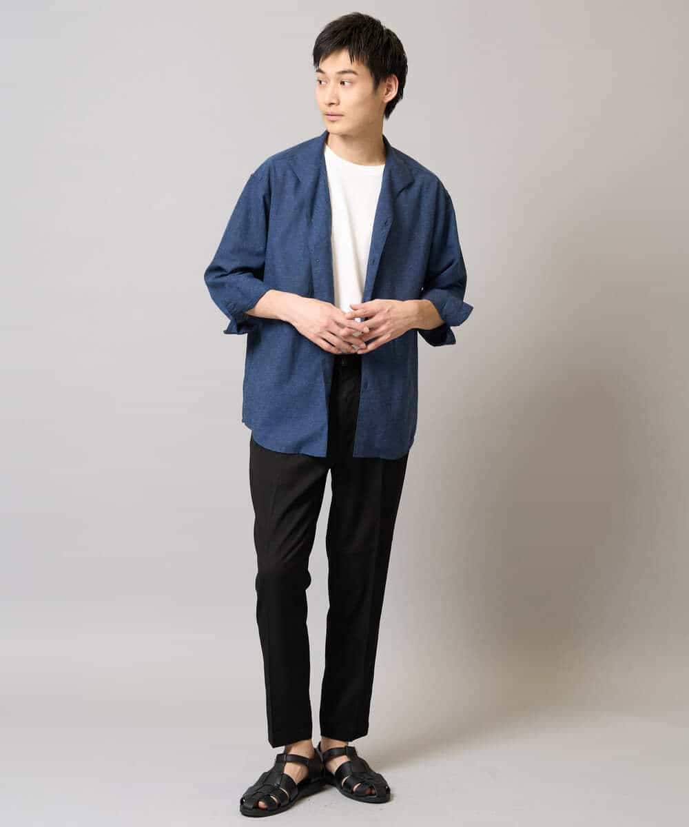 KHBGA33059 a.v.v MEN(アー・ヴェ・ヴェ) 【接触冷感/イージーケア】リネン混8分袖スタンドカラーシャツ【洗える/ストレッチ/速乾】 ネイビー