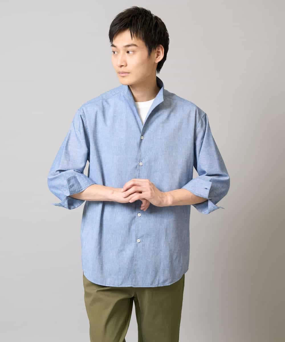 KHBGA33059 a.v.v MEN(アー・ヴェ・ヴェ) 【接触冷感/イージーケア】リネン混8分袖スタンドカラーシャツ【洗える/ストレッチ/速乾】 ネイビー