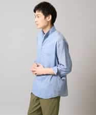 KHBGA33059 a.v.v MEN(アー・ヴェ・ヴェ) 【接触冷感/イージーケア】リネン混8分袖スタンドカラーシャツ【洗える/ストレッチ/速乾】 ネイビー