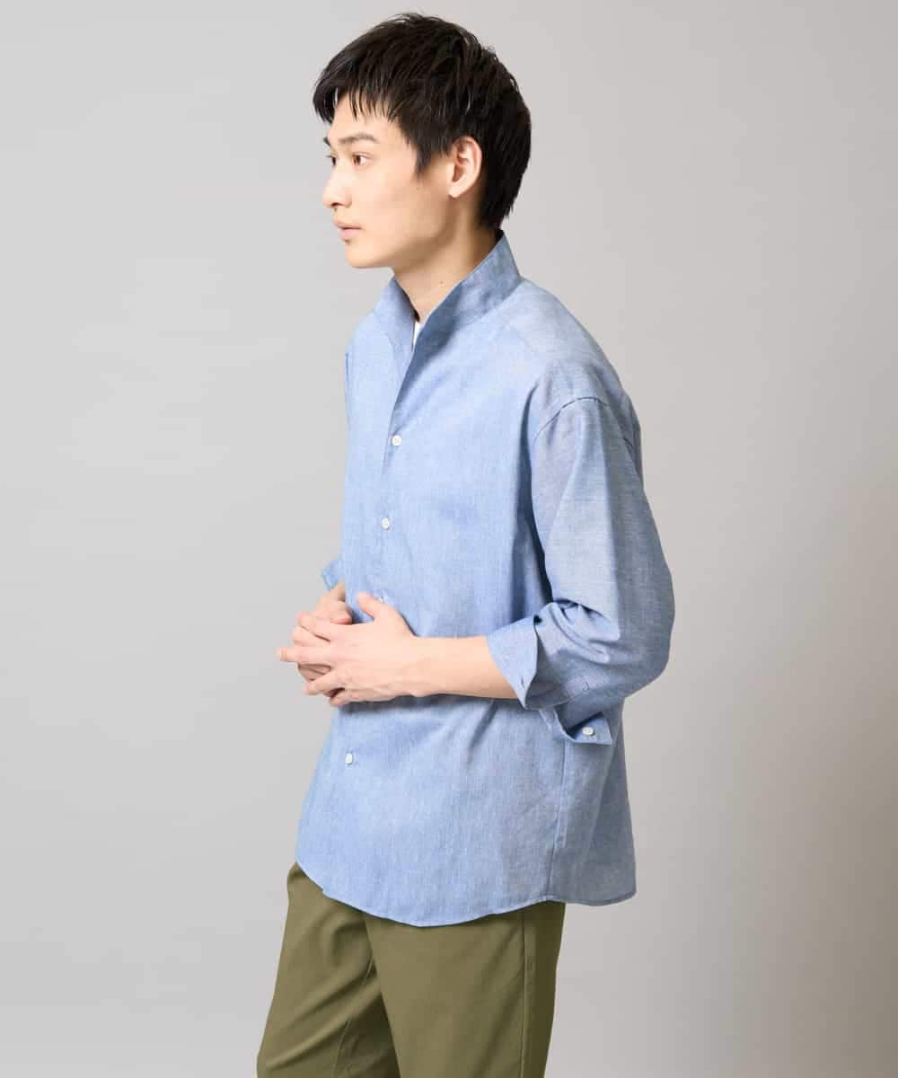 KHBGA33059 a.v.v MEN(アー・ヴェ・ヴェ) 【接触冷感/イージーケア】リネン混8分袖スタンドカラーシャツ【洗える/ストレッチ/速乾】 ネイビー