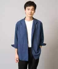 KHBGA33059 a.v.v MEN(アー・ヴェ・ヴェ) 【接触冷感/イージーケア】リネン混8分袖スタンドカラーシャツ【洗える/ストレッチ/速乾】 ネイビー